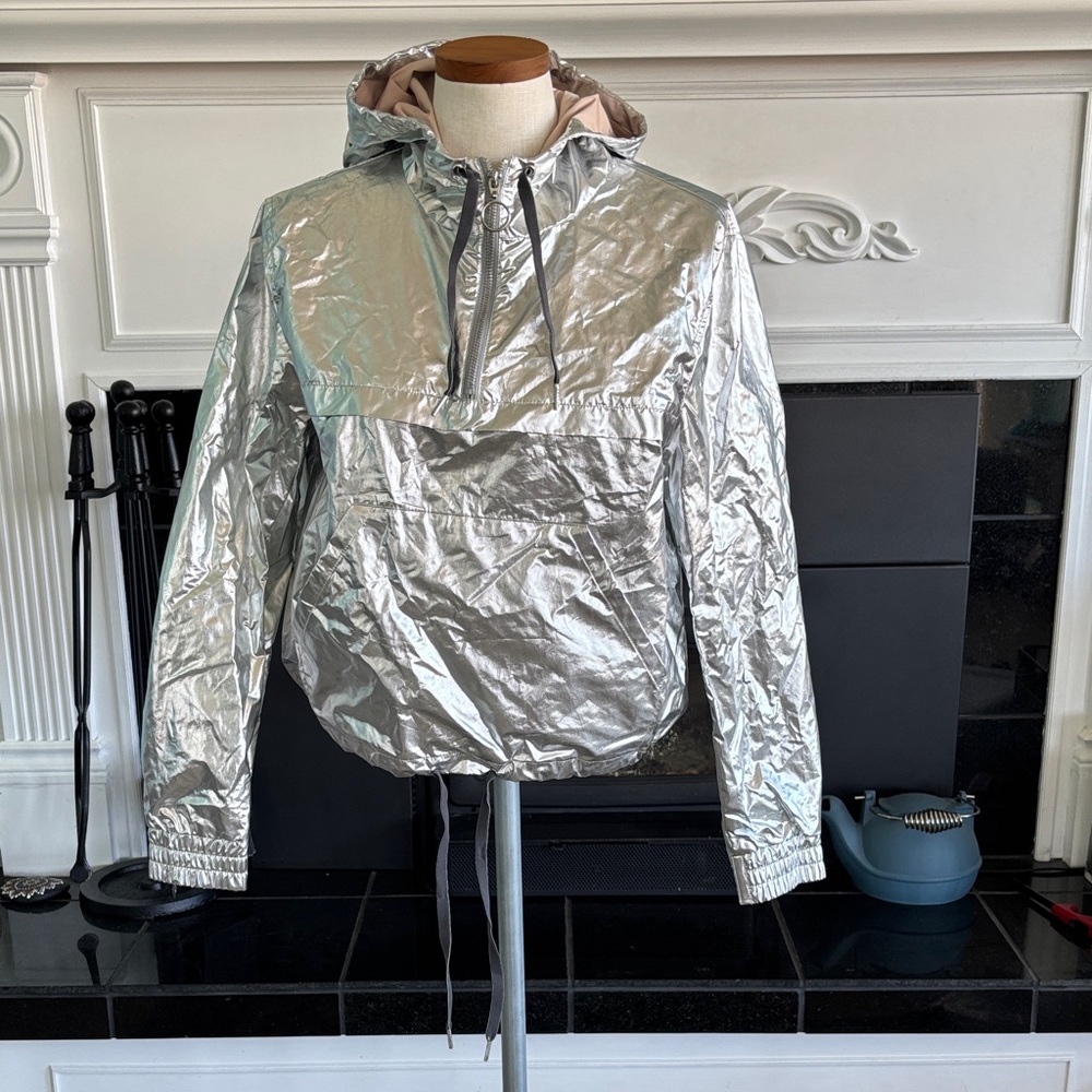 Metallic Silver Hooded Windbreaker Jacket
